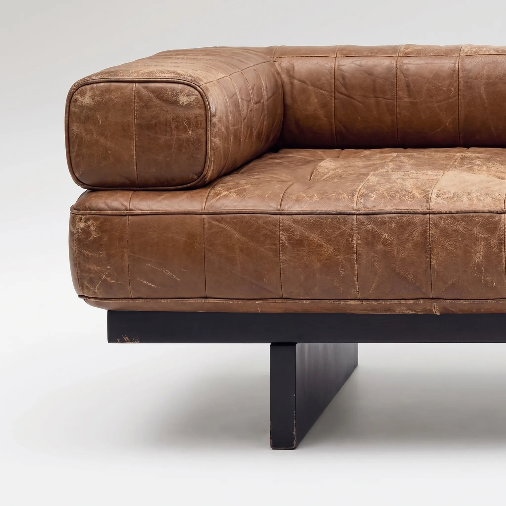 Creased, faded brown leather daybed before restoration